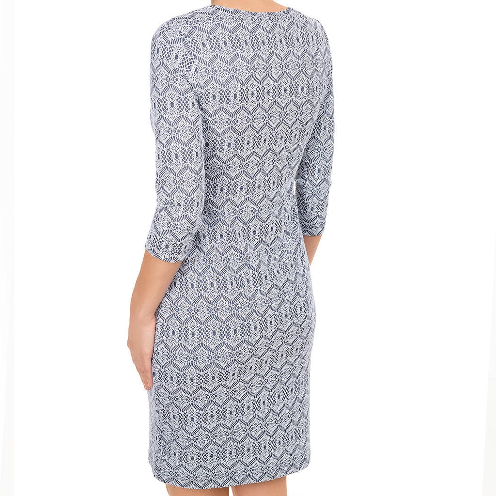 Scoop Neck Dress in Navy & White Jacquard
