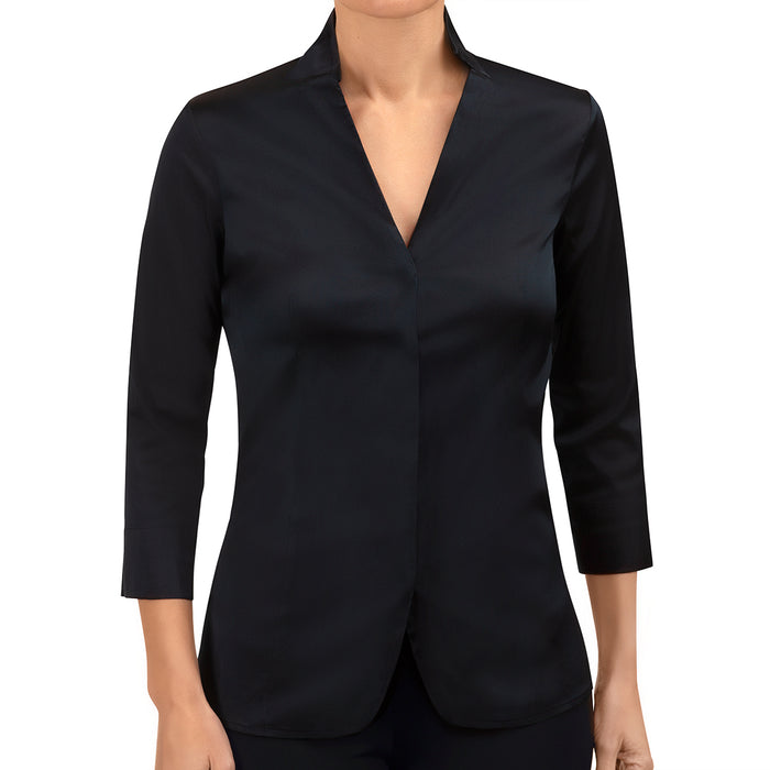 Notch Collar Dupioni Blouse in Navy