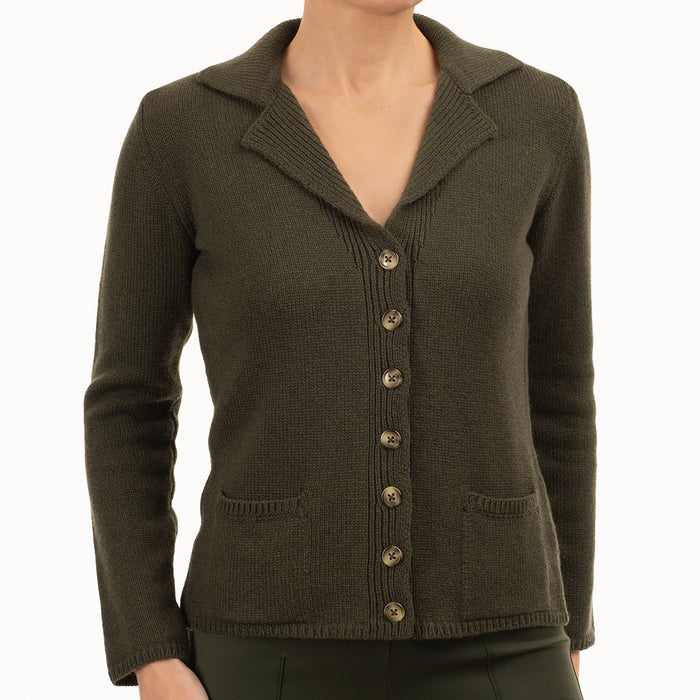 V Collar Cashmere & Wool Cardigan in Olive