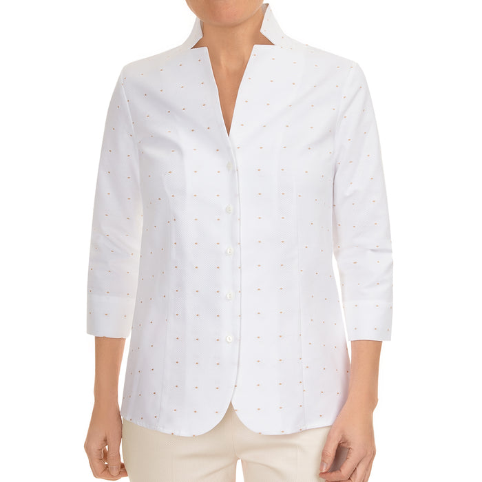 White Pique Notch Collar Shirt with Marble Dots