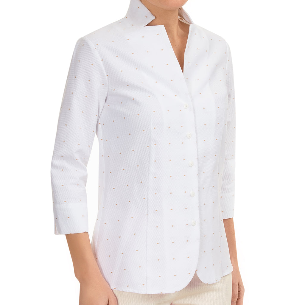 White Pique Notch Collar Shirt with Marble Dots