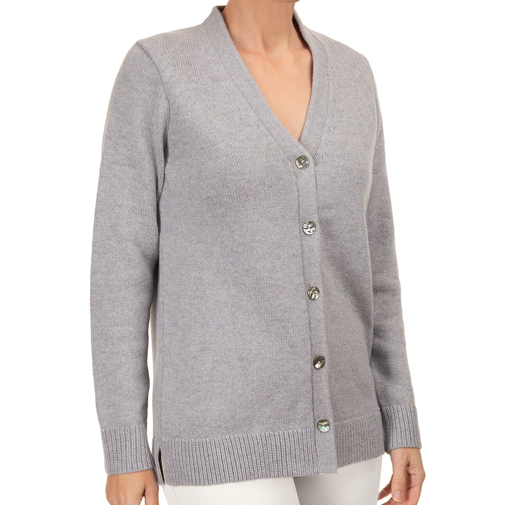 Cashmere & Wool V-Neck Cardigan in Light Grey Melange