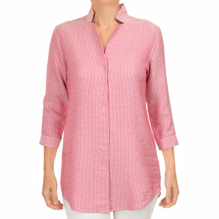 Inverted Notch Collar Tunic in Pink & White Stripe