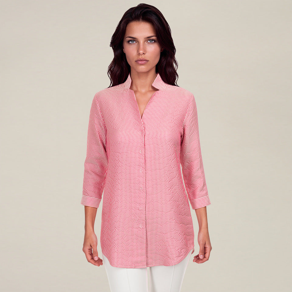 Inverted Notch Collar Tunic in Pink & White Stripe