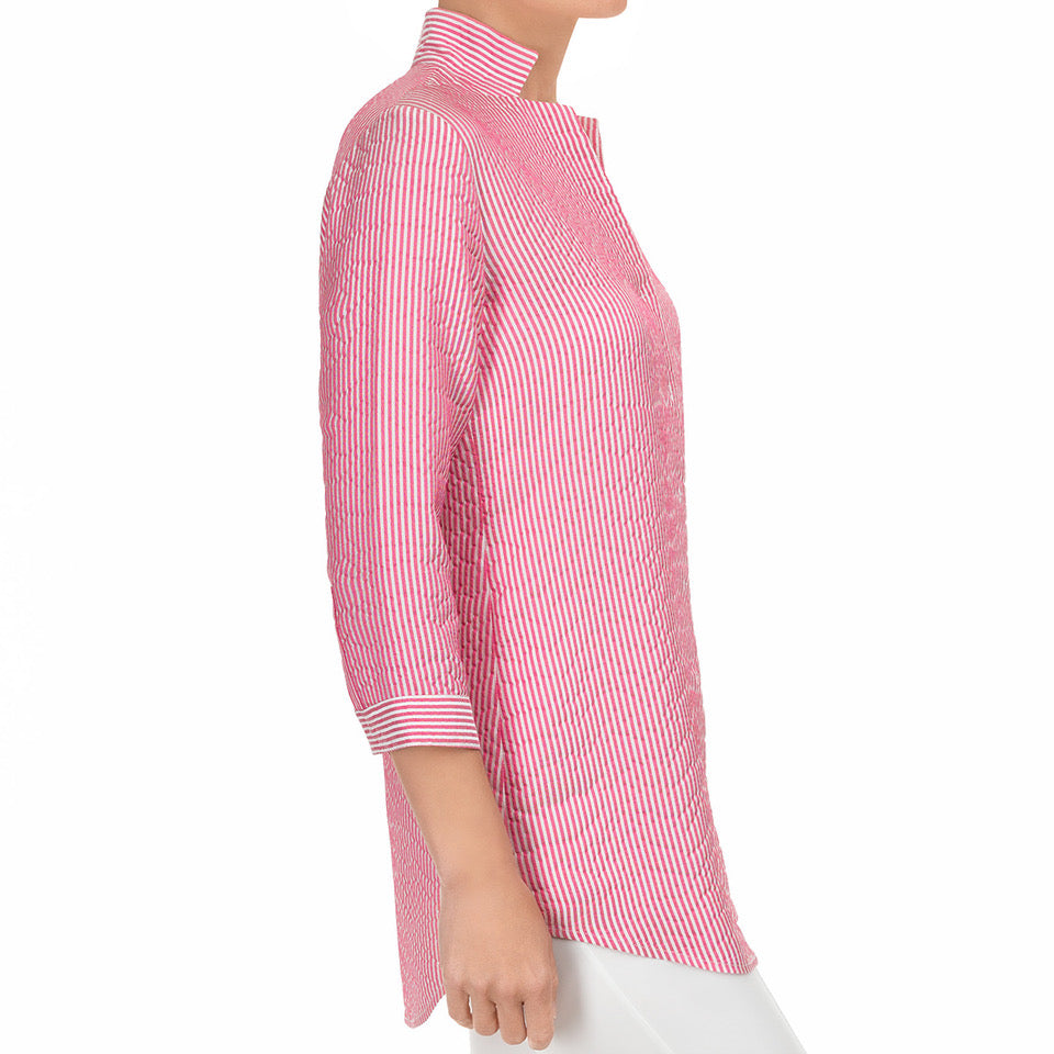 Inverted Notch Collar Tunic in Pink & White Stripe