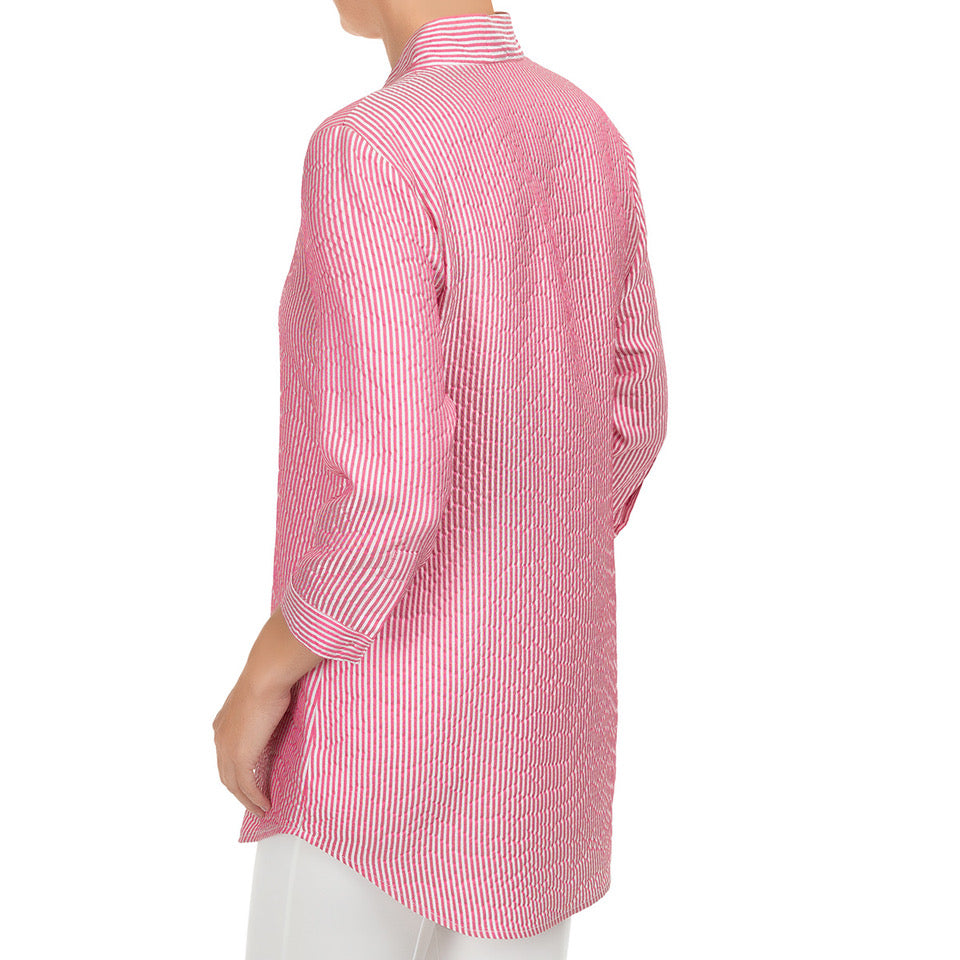 Inverted Notch Collar Tunic in Pink & White Stripe