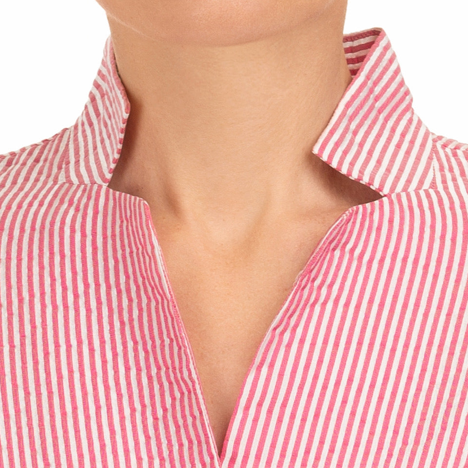 Inverted Notch Collar Tunic in Pink & White Stripe