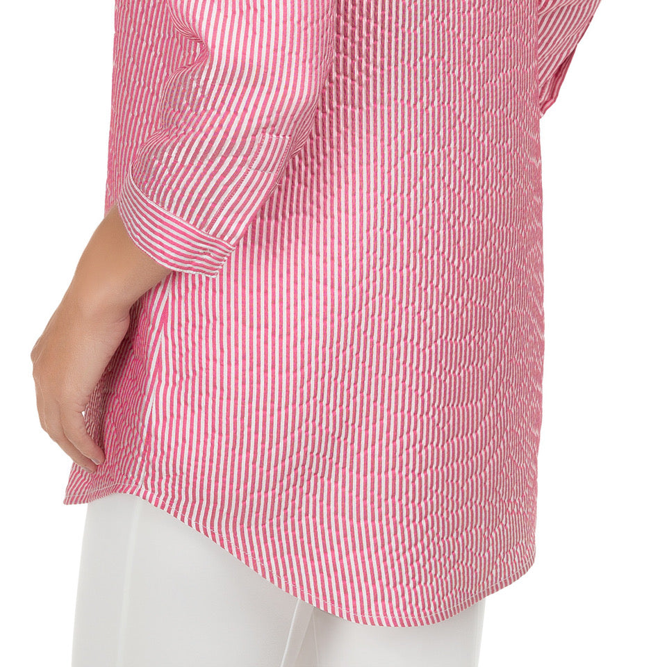 Inverted Notch Collar Tunic in Pink & White Stripe