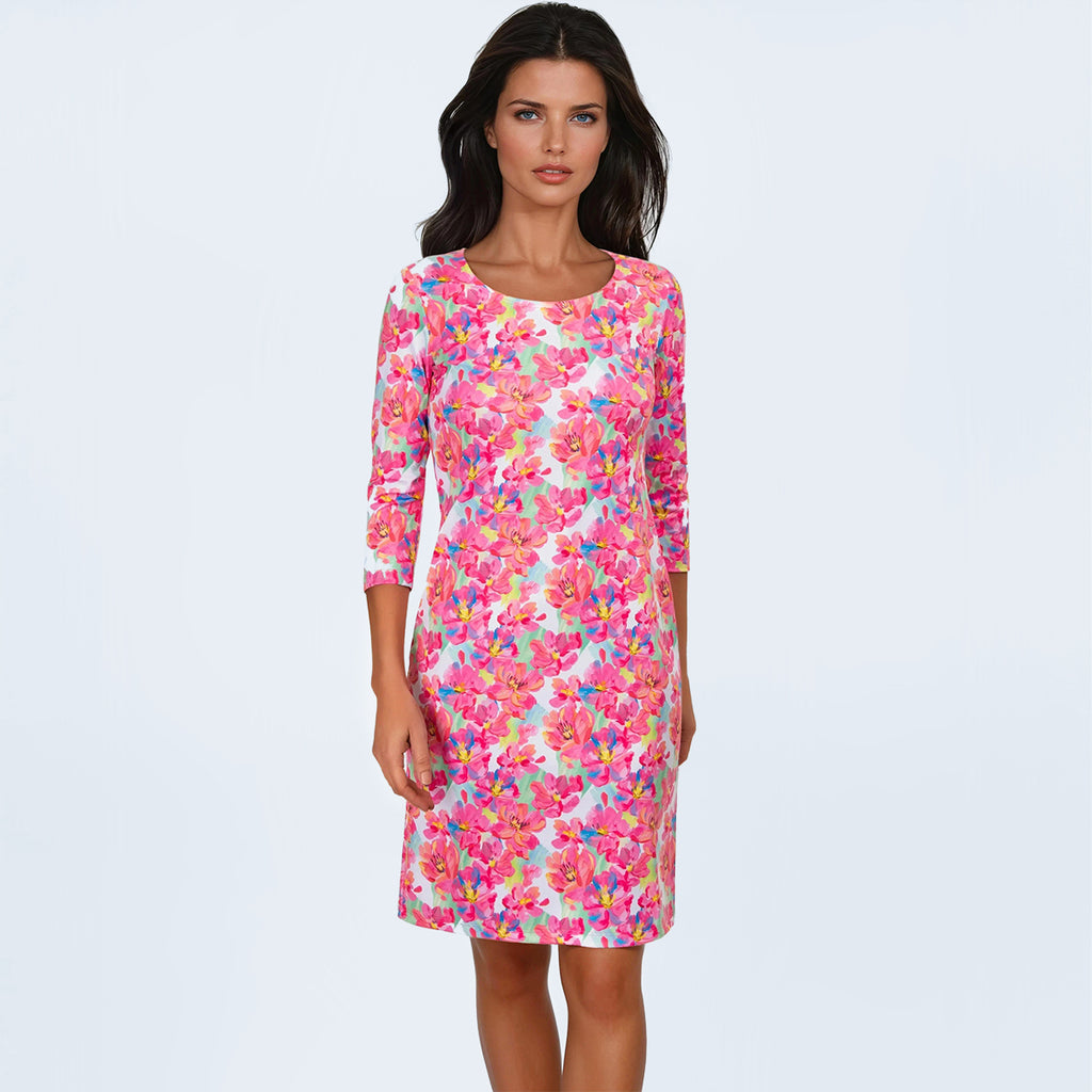 Scoop Neck Dress in Pink Peonies