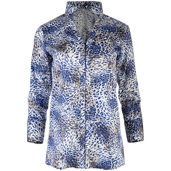 Zip Front V-neck Collar Shirt in Swirl Leopard