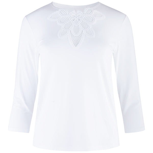 Macrame Lace Insert Tee, 3/4 Sleeve in White