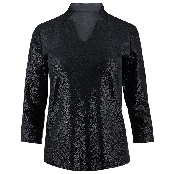 Sequin Notch Collar Velvet Tee in Black