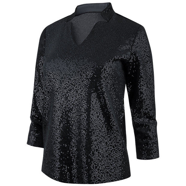 Sequin Notch Collar Velvet Tee in Black