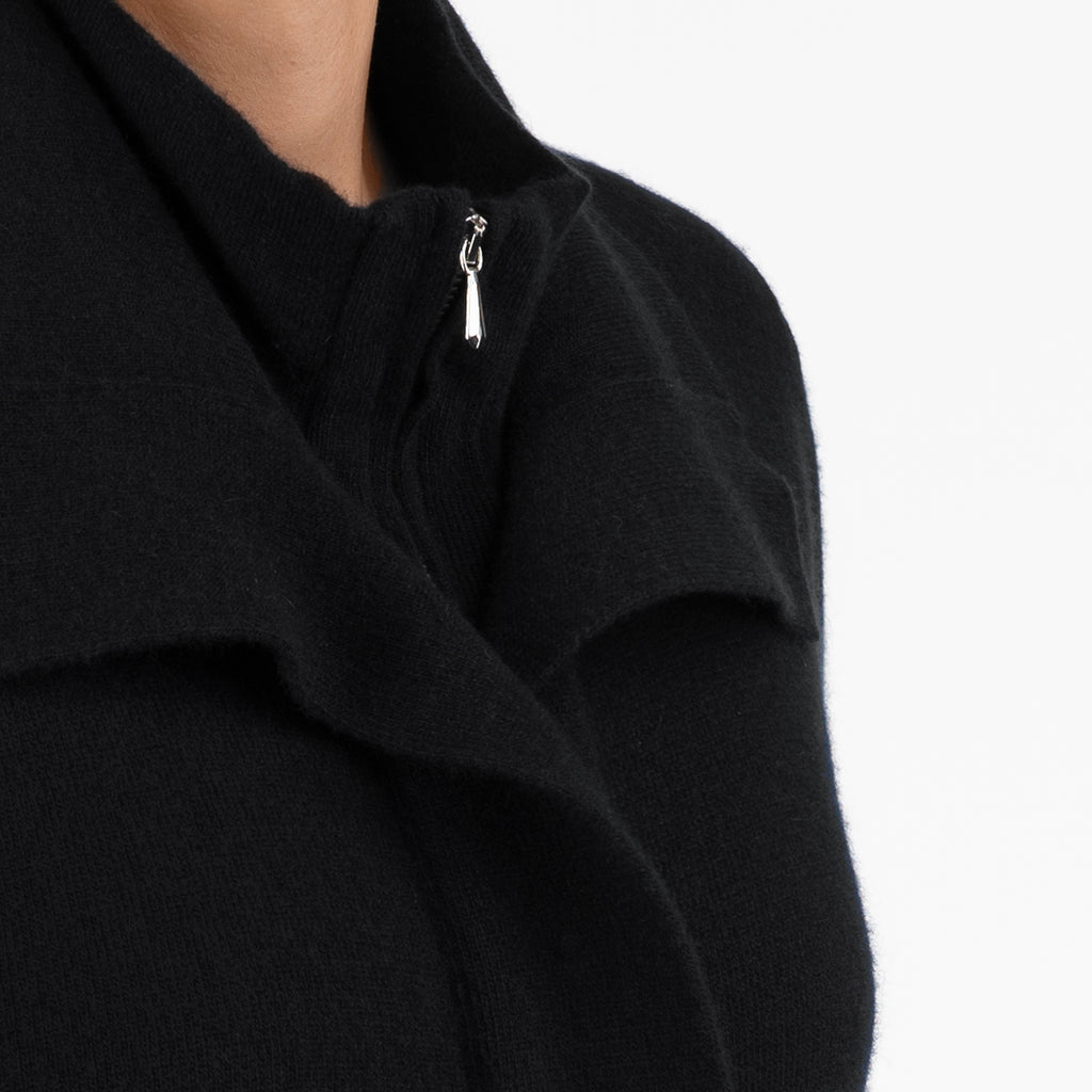 Double Collar Zip Front Cardigan in Black