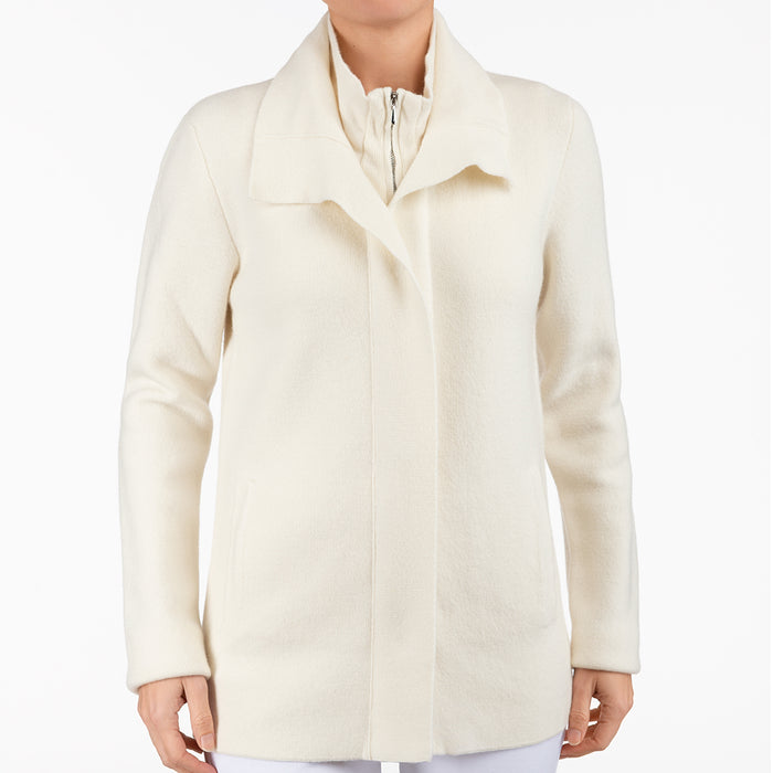 Double Collar Zip Front Cardigan in White