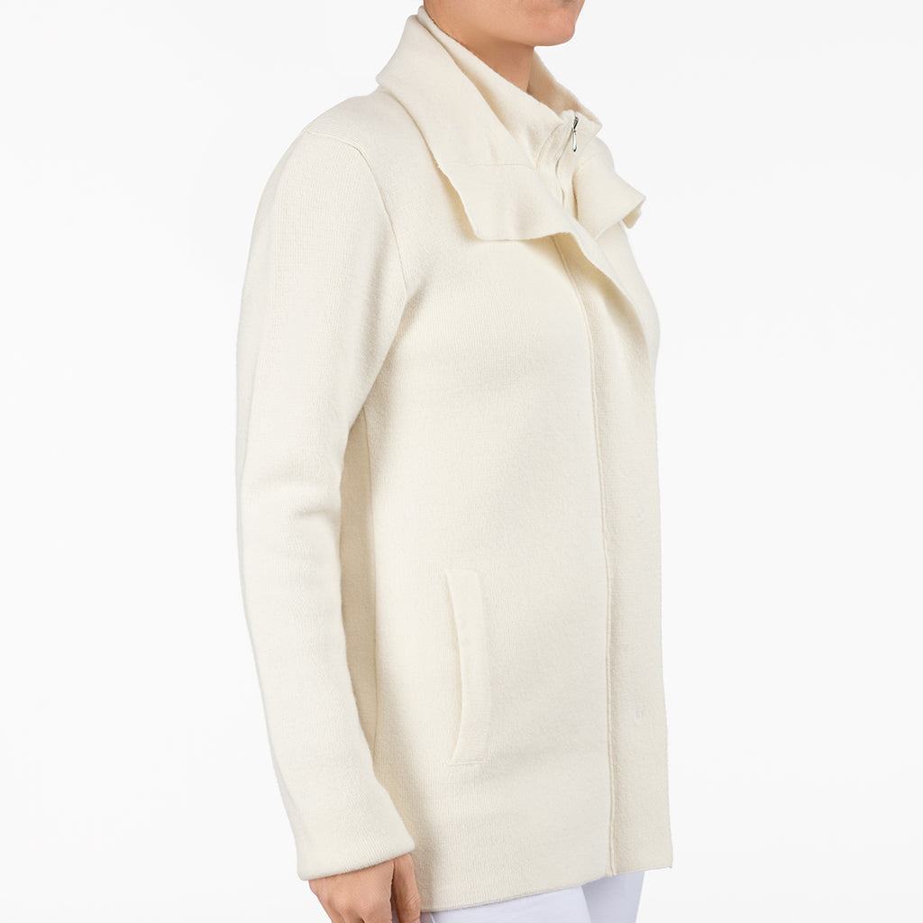 Double Collar Zip Front Cardigan in White