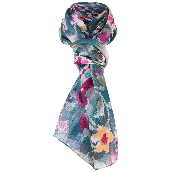 Printed Modal Cashmere Scarf in Paisley Teal Ikat