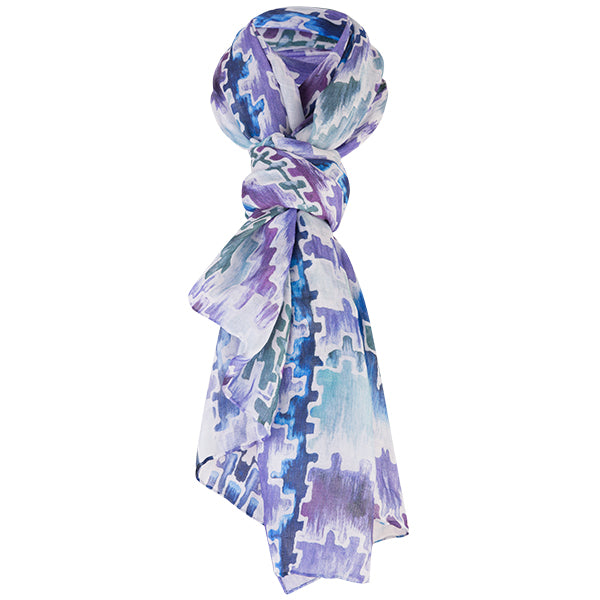 Printed Modal Cashmere Scarf in Teal Ikat Geo