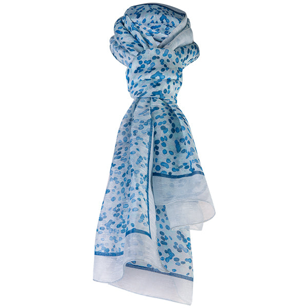 Printed Modal Linen Silk Scarf in Water Dots Teal/Grey