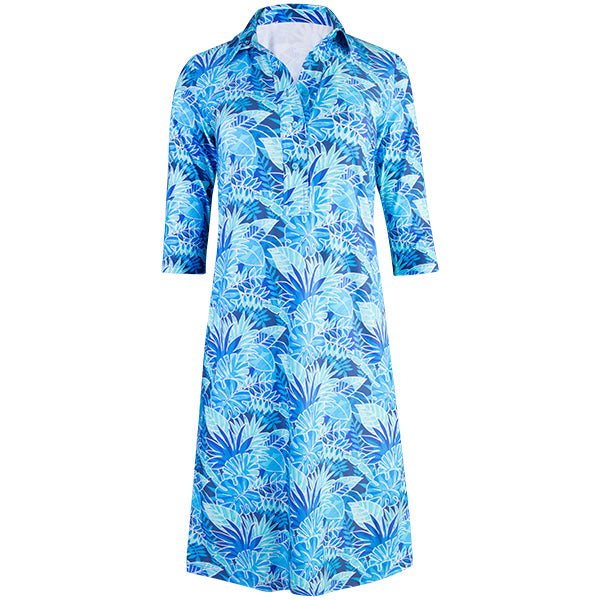 Shirtdress w/ 3/4 Sleeves in Blue Palm Blue Palm / 14 Shirtdress w/ 3/4 Sleeves in Blue Palm Blue Palm / 14