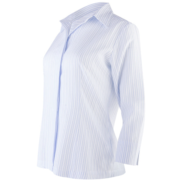 3/4 Slv Hidden Placket Shirt in Lt Blue/White Stripe