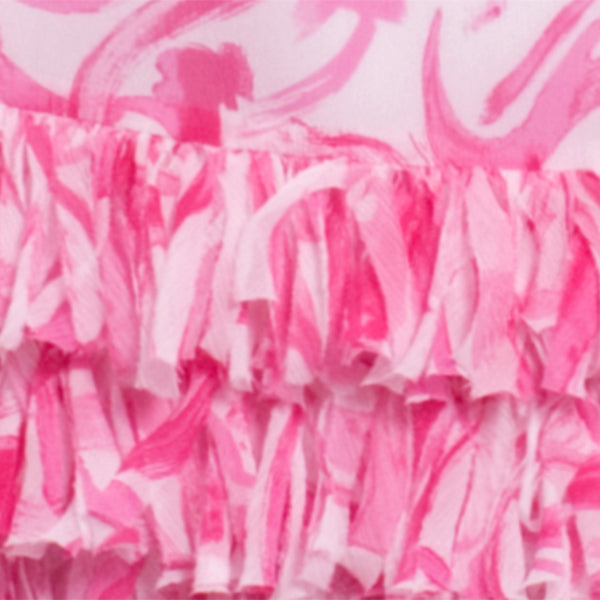 Silk Printed Ruffle Skirt in Pink Brush Strokes