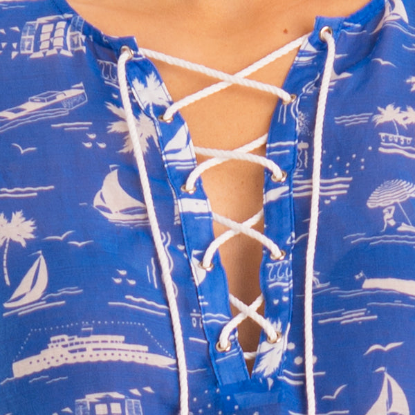 Printed V Neck Corded Tunic in Mediterranean Summer