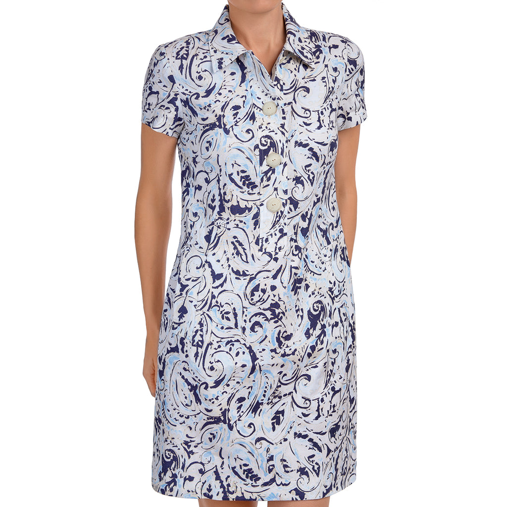 Classic Linen Shirt Dress in Paisley Splash Leggiadro Classic Linen Shirt Dress in Paisley Splash Leggiadro