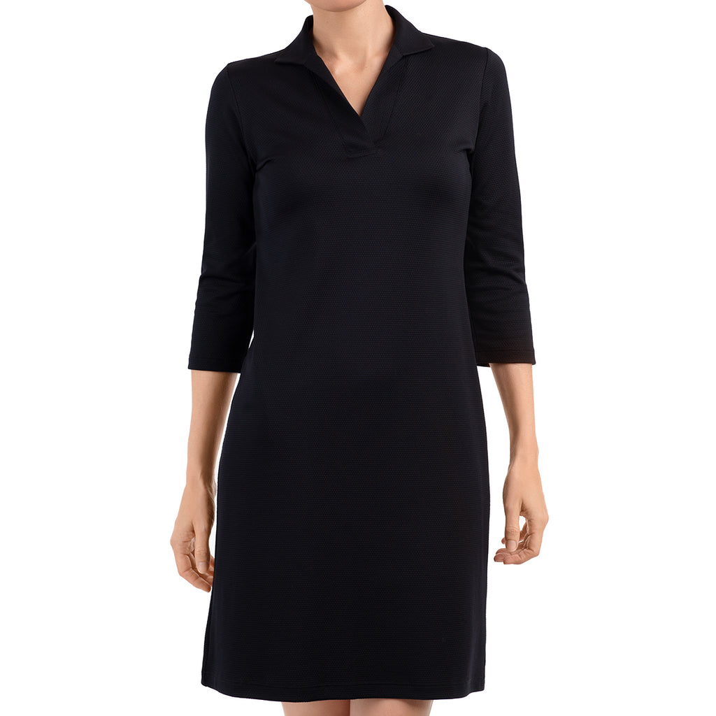 Knit Pique Polo Collar Dress in Black Leggiadro Knit Pique Polo Collar Dress in Black Leggiadro