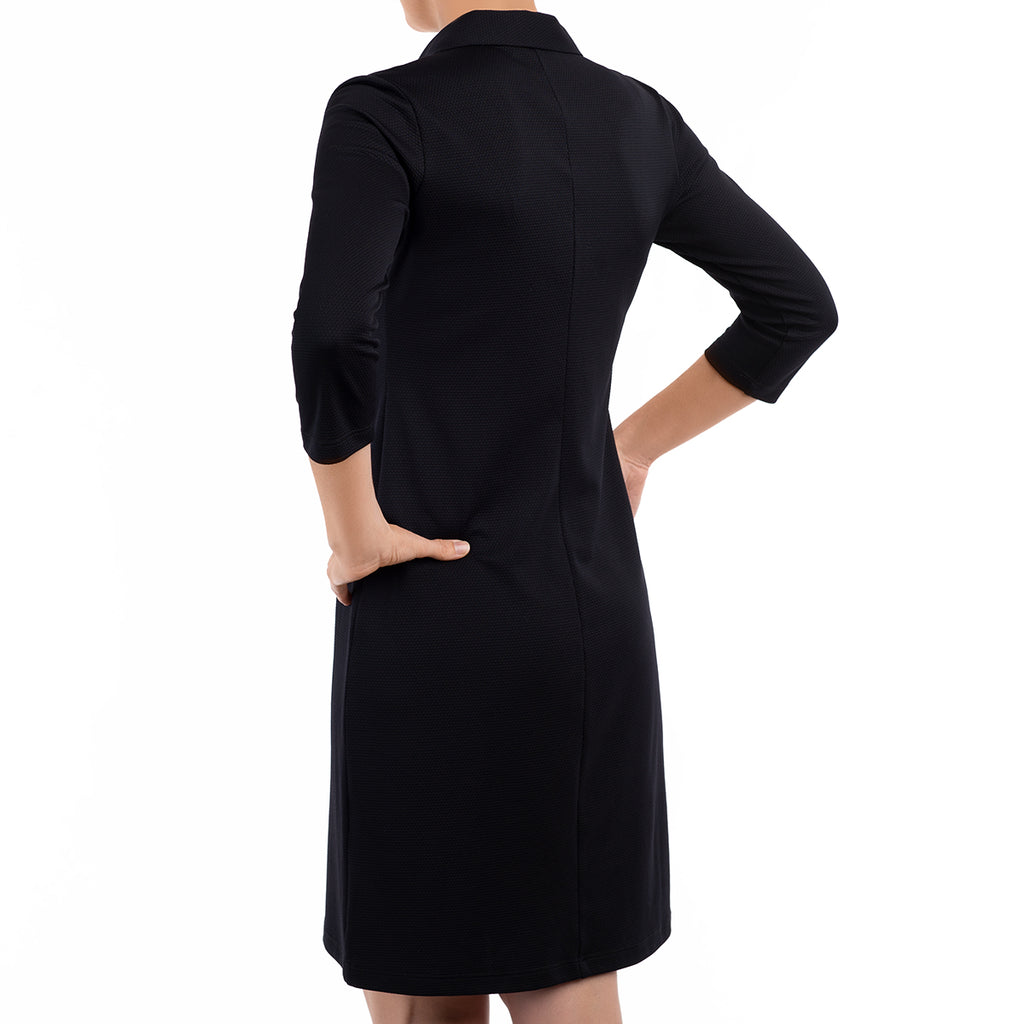 Knit Pique Polo Collar Dress in Black