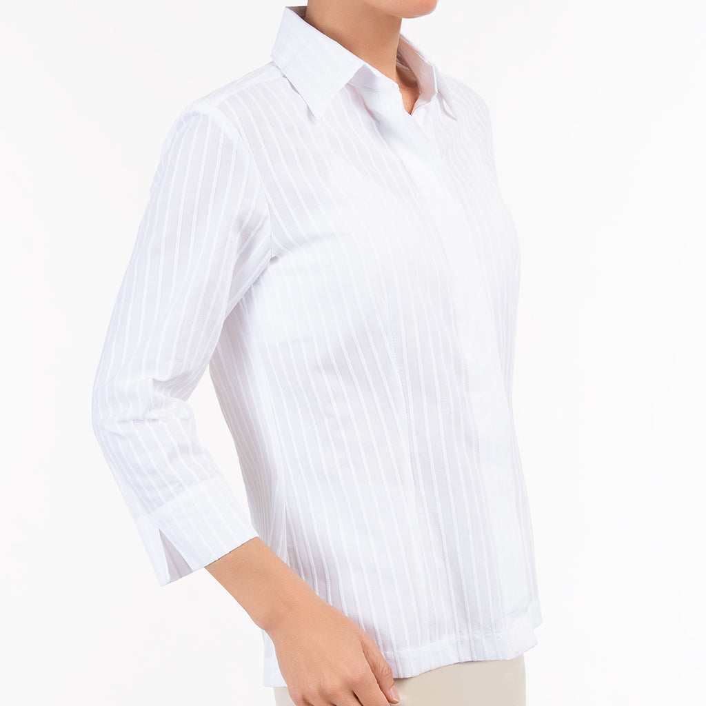 3/4 Slv Hidden Placket Shirt in White/White Stripe
