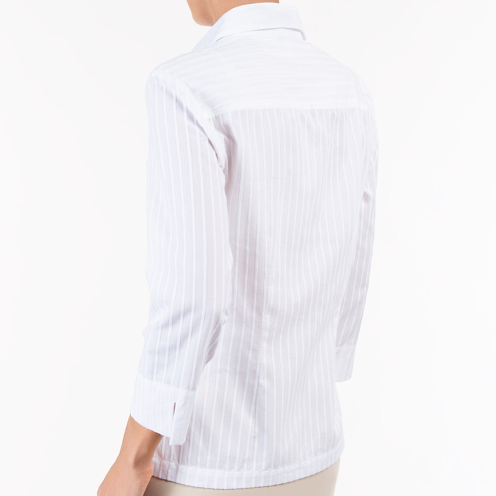 3/4 Slv Hidden Placket Shirt in White/White Stripe