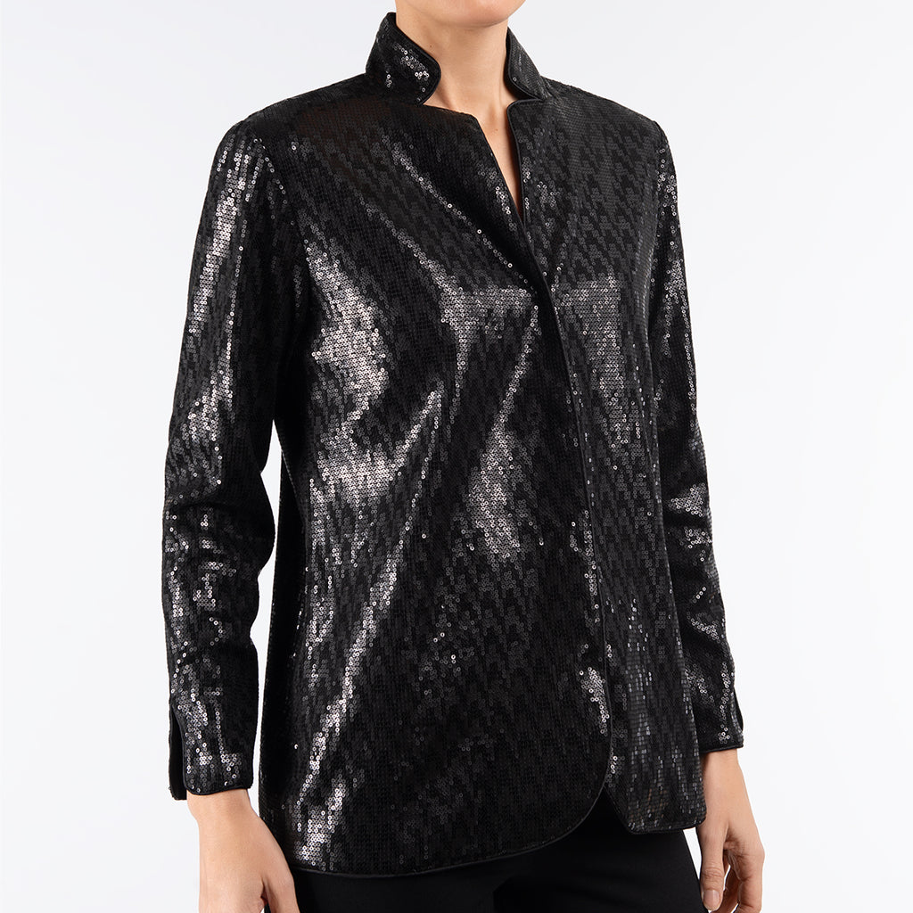 Sequin Notch Collar Lined Blouse in Black