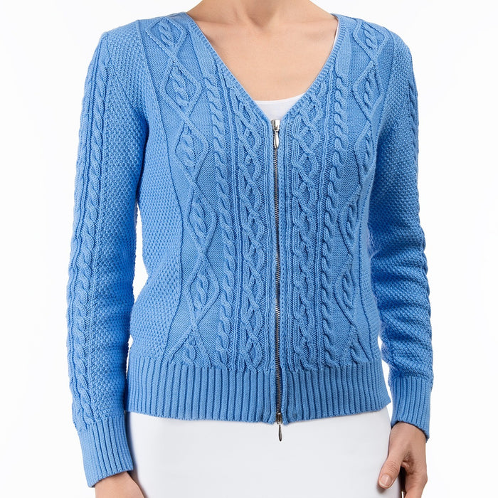 Cotton Cable Zip Cardigan in French Blue