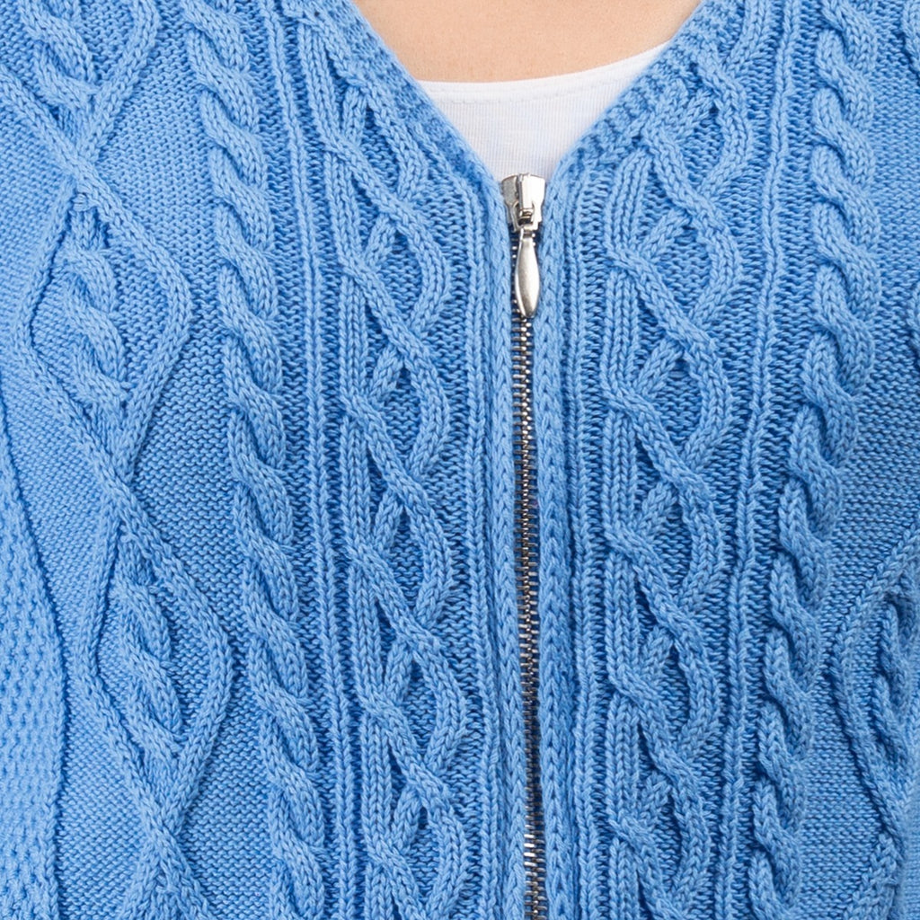 Cotton Cable Zip Cardigan in French Blue
