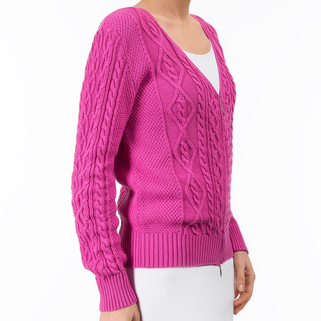 Cotton Cable Zip Cardigan in Fuxia