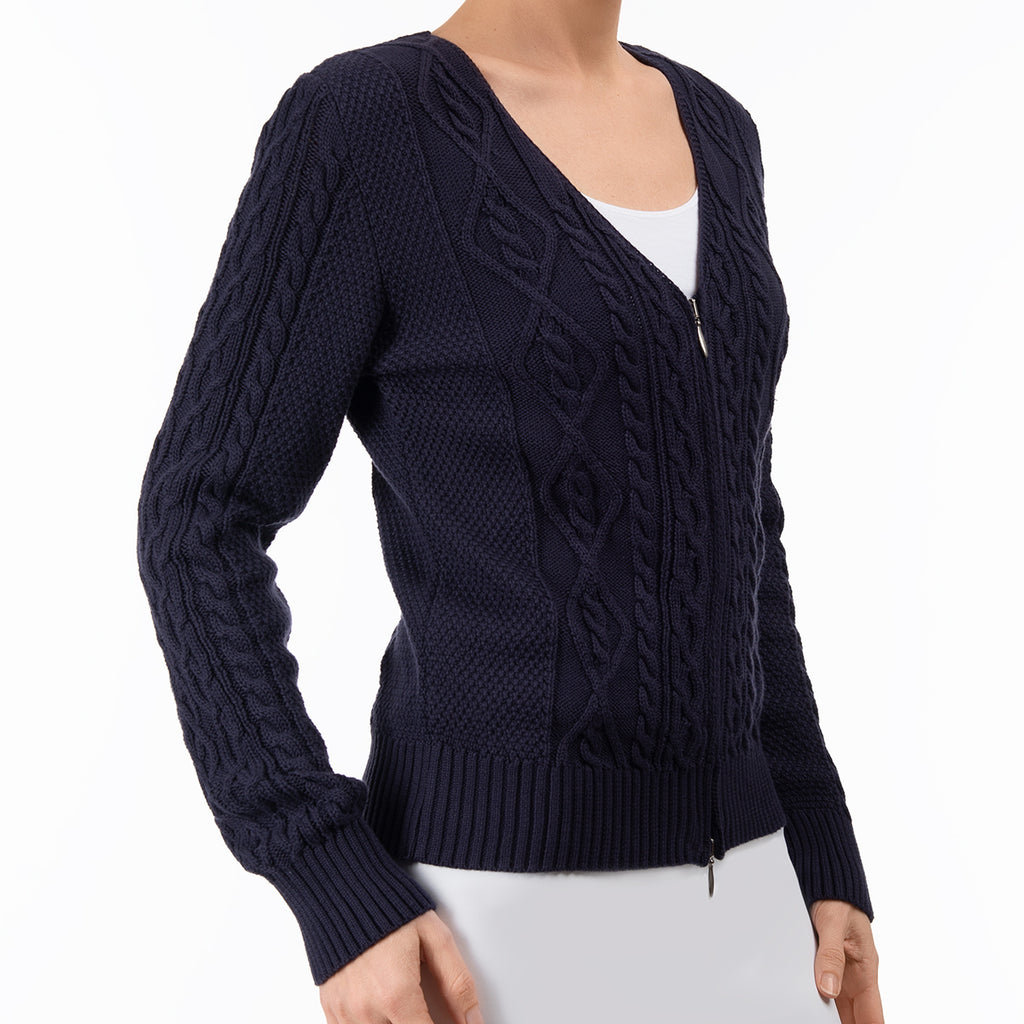 Cotton Cable Zip Cardigan in Navy