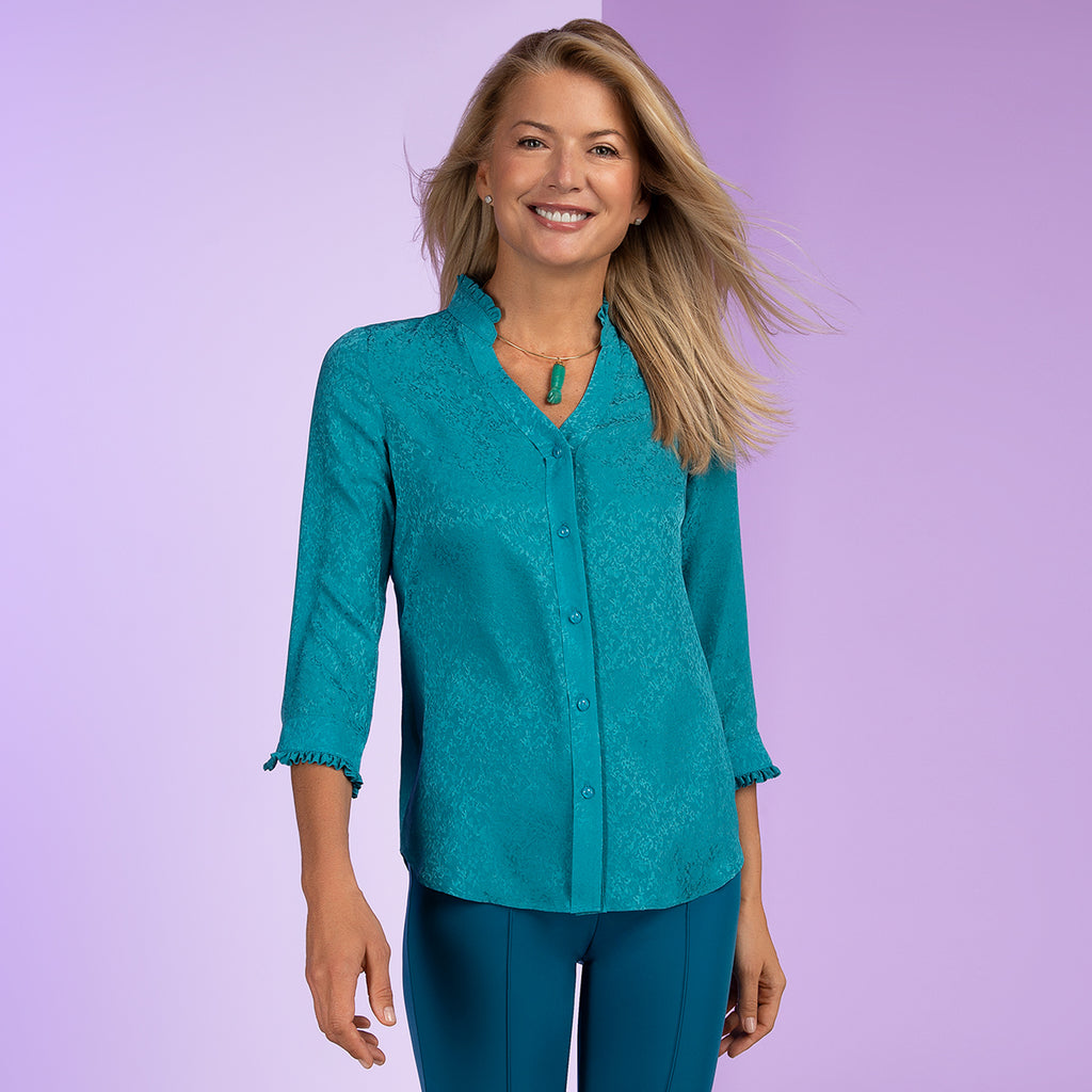 Ruffle Edge Blouse in Teal Jacquard