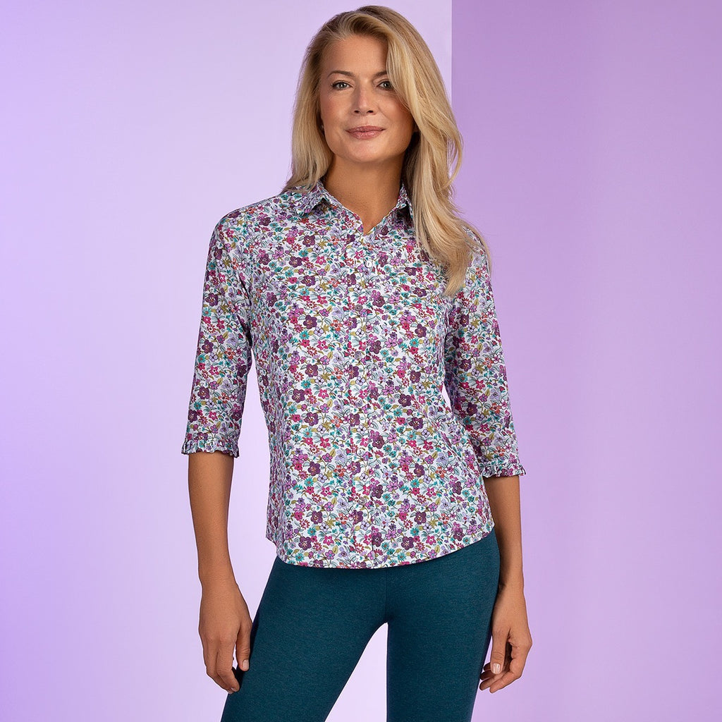 3/4 Sleeve Ruffle Edge Blouse in Mystic Garden