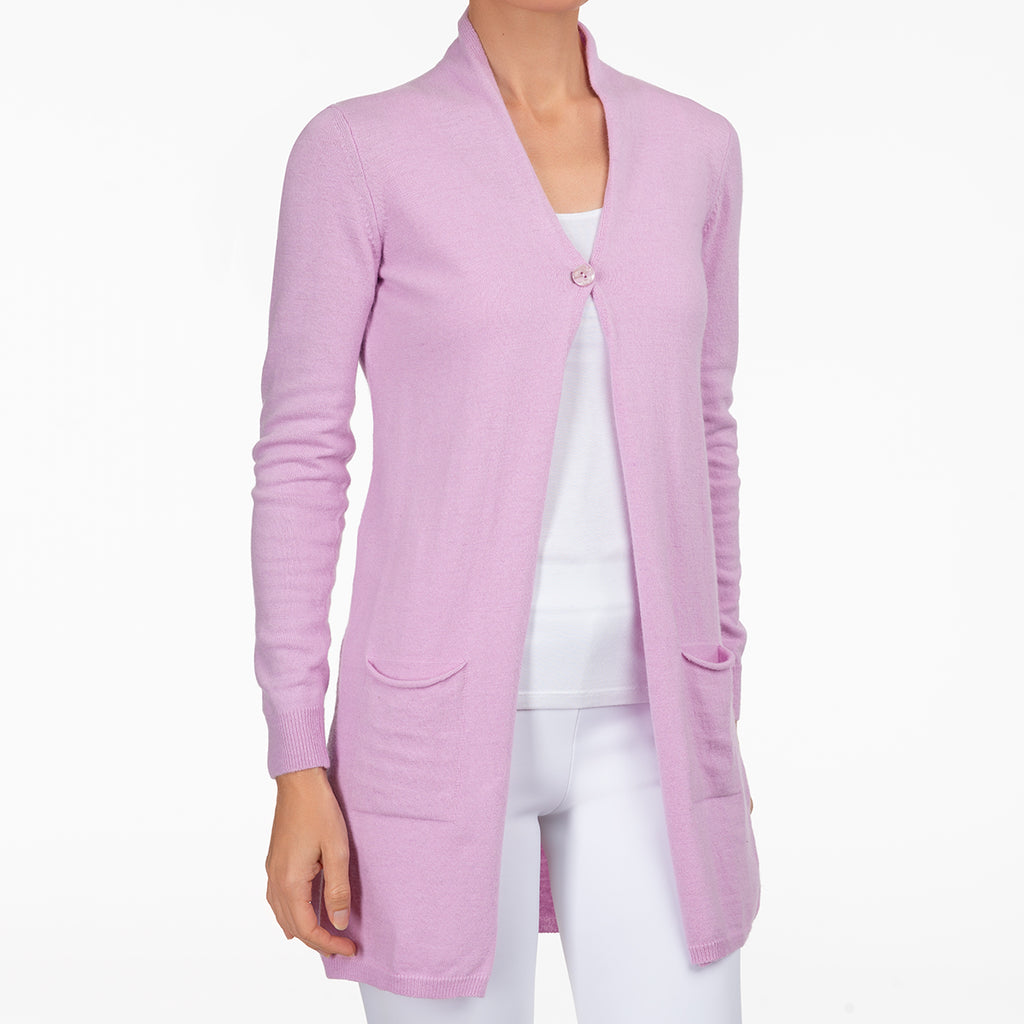 Long One Button Cardigan in Lav Pink