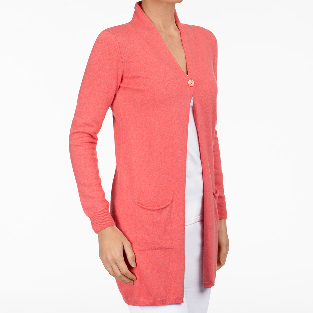 Long One Button Cardigan in Coral