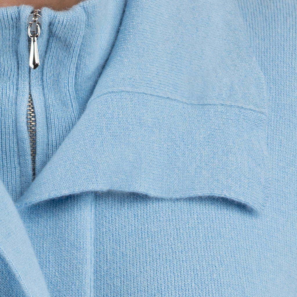 Double Collar Zip Front Cardigan in Light Blue