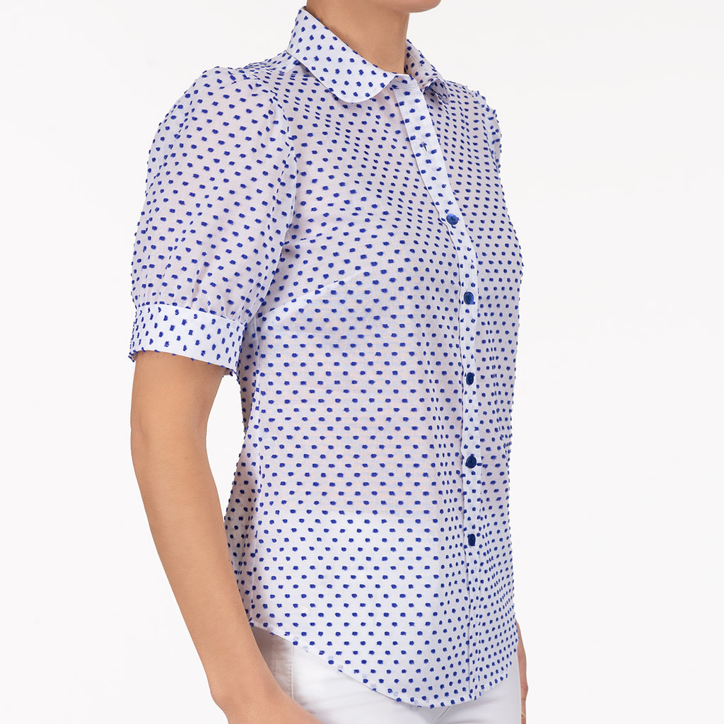 Swiss Dot Shirt in White w/ Blue Dots