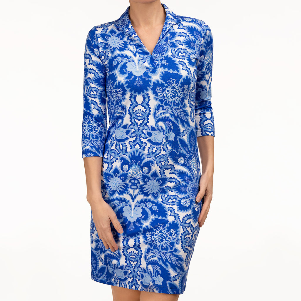 Polo Collar Dress in Spring Toile Sapphire Leggiadro Polo Collar Dress in Spring Toile Sapphire Leggiadro