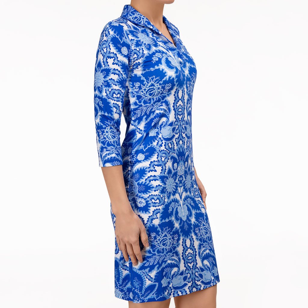 Polo Collar Dress in Spring Toile Sapphire Leggiadro Polo Collar Dress in Spring Toile Sapphire Leggiadro