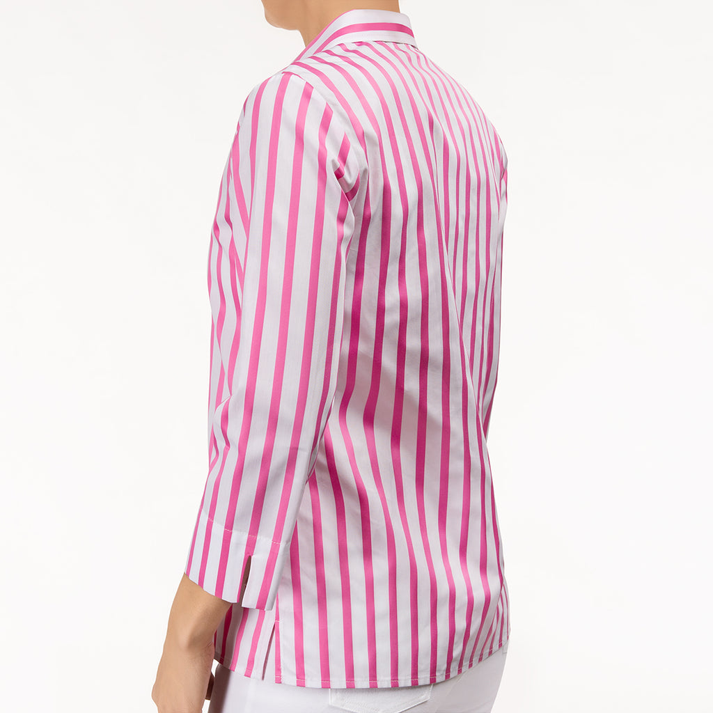 Open V Neck Blouse in Pink/White Stripes