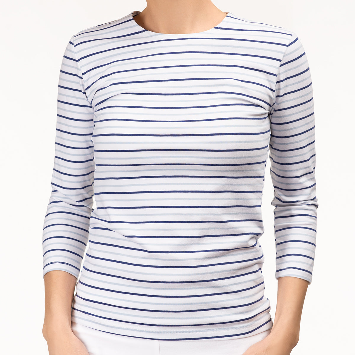 売れ筋商品|||ルビーロード カットソー トップス レディース Petite Variegated Stripe Knit T Shirt Chambray Blue Multi Blue striped cotton boxy T-shirt