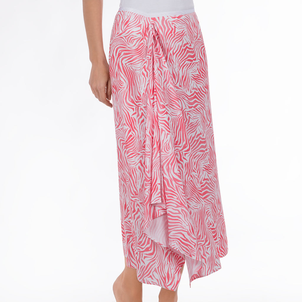 Ruched Midi Skirt in Coral Zebra Waves